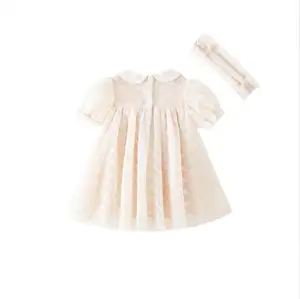 Infant Boutique Clothing Silk Doll Collar Short Sleeve Lace Dress Princess Style Baby 1st Birthday Party Wedding Dress