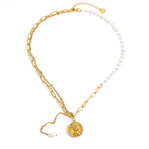 Collier superposé avec chaîne trombone en perles, double pendentif pièce de monnaie en forme de Y, plaqué or 18 carats, perle d'imitation, bijoux de mode - Product Image 5