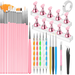 Kit de 28 pinceaux pour nail art, stylos à double embout pour points, ensemble de stylos de manucure avec autocollants, strass et ruban adhésif pour salon et DIY - Product Image 1
