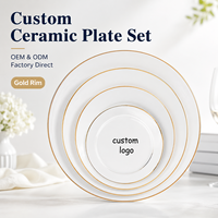 Ensemble d'assiettes en céramique avec logo personnalisé, OEM ODM, vente en gros, assiettes à dîner en porcelaine, bord doré, vaisselle, hôtel, restaurant, directement de l'usine