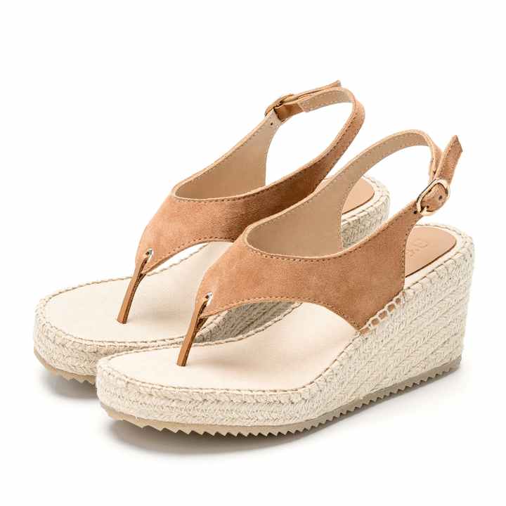 OEM ODM Women's Goat Suede Espadrilles, Wedge Sandals, EVA with Jute Braid Sole, Tan, Casual Shoes, Ladies Footwear, Made in BD