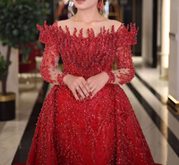 Robe de soirée rouge en deux pièces avec traîne amovible, épaules dénudées, cristaux, robes de bal de célébrités, robes de fête personnalisées