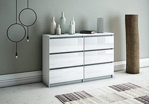 Commode à 6 tiroirs <span class=keywords><strong>en</strong></span> <span class=keywords><strong>bois</strong></span> massif, commode moderne blanc brillant - Product Image 2