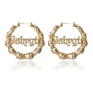 Factory RTS Round Circle Bamboo Hoop Women Hollow Letter Babygirl Gold Silver Color Vintage Earring 2020 Punk Jewelry Ear Rings