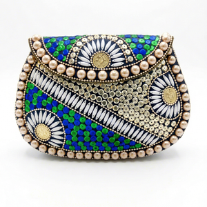 Pochette de soirée artisanale multicolore en mosaïque, ornée de perles, sac à bandoulière métallique de créateur pour femme, idéal pour les fêtes et mariages - Product Image 1
