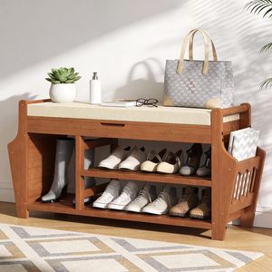 SENYU Wood <b>Shoe</b> <b>Bench</b> with Cushion <b>Storage</b> 2 Tier Entryway Organizer Modern Furniture for Home Living Room - Product Image 1