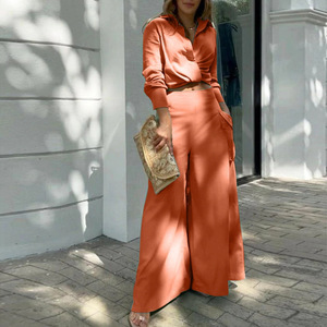Conjunto de Dos Piezas para Mujer, Camisa Casual de Manga Larga o Corta de Color Sólido y <span class=keywords><strong>Pantalones</strong></span> de Pierna Ancha de Cintura Alta - Product Image 3