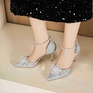 6692X-201 Fashion Trend Flower Heeled Sandals Women Pointed <b>Toe</b> Stiletto High Heel Pearl Strap Microfiber Leather Lining Wedding - Product Image 2