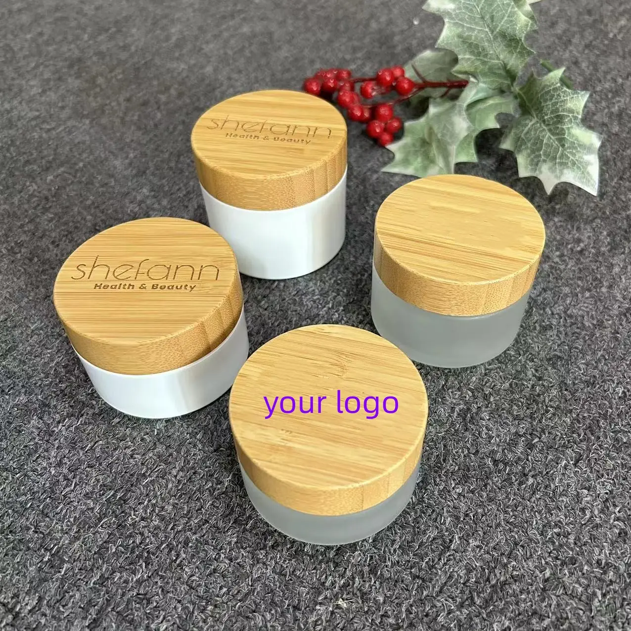 Экологичная прозрачная матовая стеклянная банка с логотипом на заказ, контейнер для косметики и крема с деревянной бамбуковой крышкой