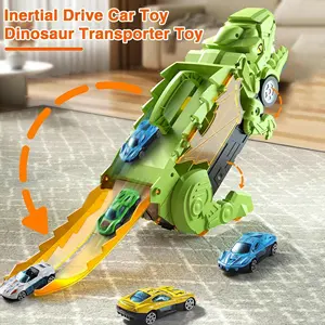 Dinosaurio transporte coche juguetes transportador camión juguete coches pista conjunto con 4 coches de aleación, camión juguete se transforma en Dino para niños pequeños