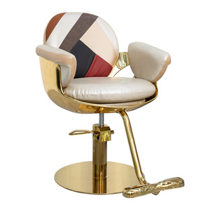 Adjustable Hydraulic <b>Reclining</b> Salon Barber <b>Chair</b> - Patchwork <b>Leather</b> Upholstery Gold Base Luxury Hairdressing Shop Furniture - Product Image 5