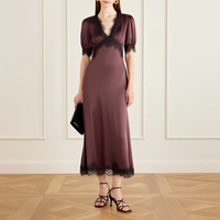 Robe midi élégante en satin violet sur mesure avec bordure en dentelle noire effet cils, manches courtes bouffantes, pour femmes, soirée, cocktail, fête