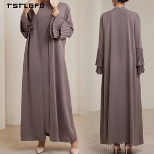 Women Mocha Brown Abaya Double Layer Pleated <b>Flared</b> Cuff Mock Neck Long Sleeve Modest Muslim Casual Elegant Maxi Dress Robe - Product Image 3