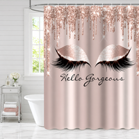 Rideau de douche rose doré avec motif pailleté cils et yeux, rideau décoratif rose blush pour salle de bain moderne