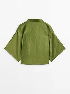 Wholesale <strong>Women</strong> Summer <strong>Blouse</strong> Bow Embellished <strong>Linen</strong> Kimono Style <strong>Blouse</strong> Wide Sleeves V-neck <strong>Linen</strong> <strong>Blouse</strong> - Product Image 6