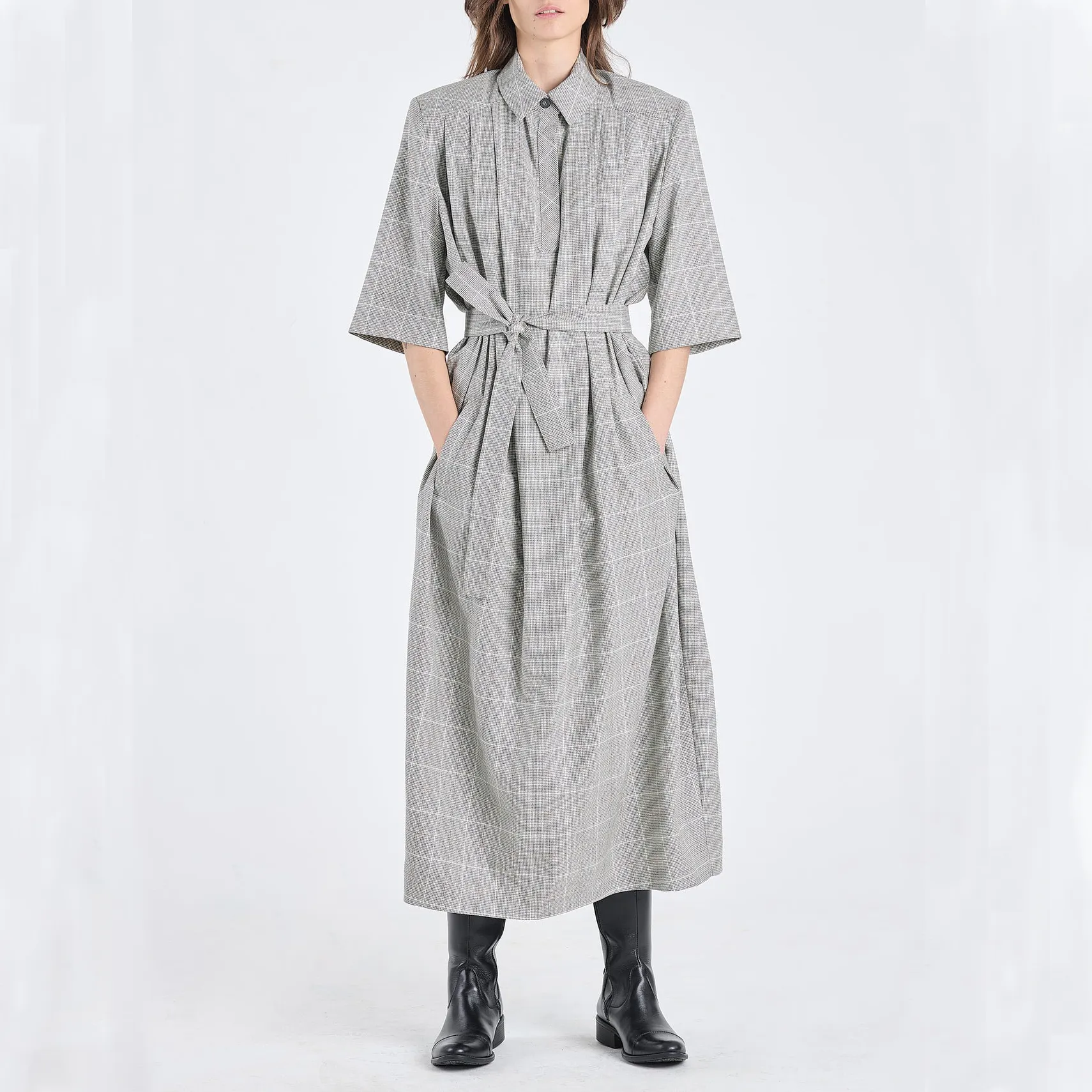 New Winter Women's Fashion Casual Straight Plaid Print maxi Dress Loose Medium Long Sleeve wrap Dresses