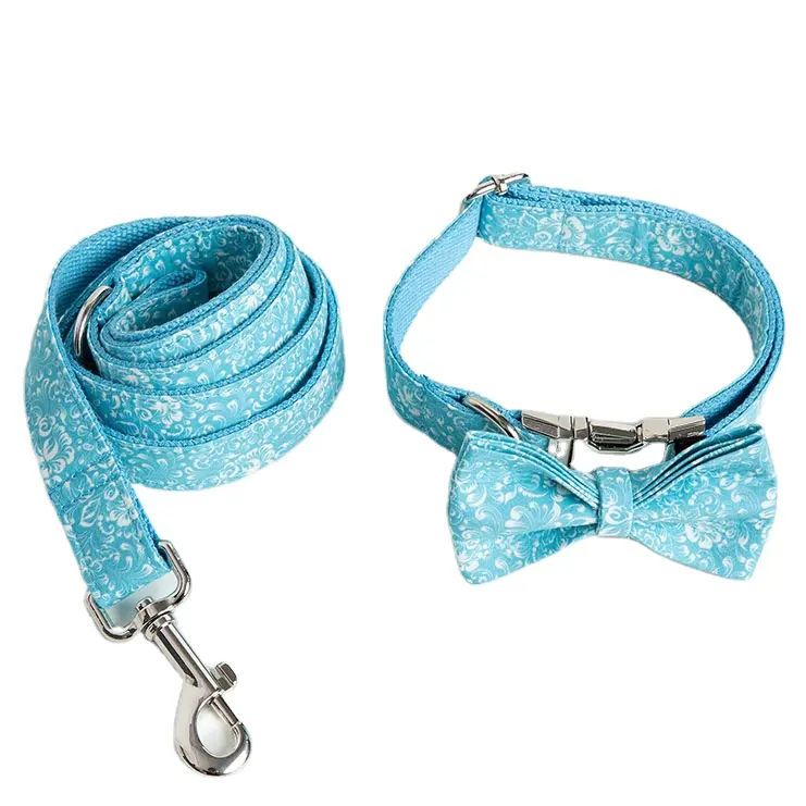 blue white cotton print pet supplies cute collar training dog leash bow tie set