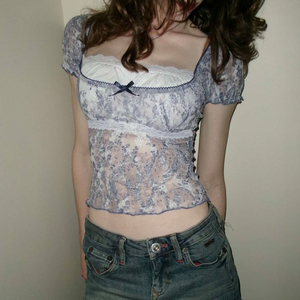 Camiseta de punto transpirable y ecológica con cuello cuadrado y manga corta, diseño floral y bloques de color, para mujer, estilo casual, verano 2026 - Product Image 2