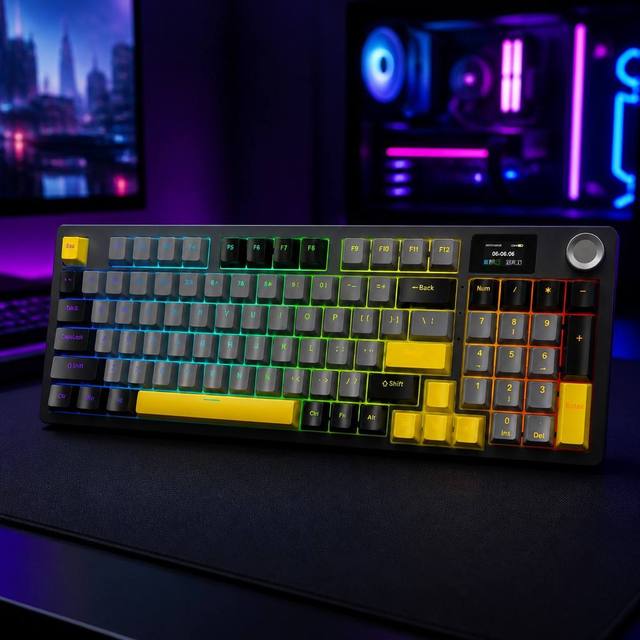Three Mode Mechanical Keyboard with Color LCD Screen & Volume Knob 97 Keys RGB Backlit Hot-Swappable Gaming Keyboard