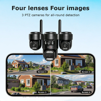 Caméra AOV 24/7 à 4 objectifs, alimentée par énergie solaire, 3 PTZ, 20 MP, avec vision nocturne couleur IP66, sans fil 4G, audio bidirectionnel, projecteur