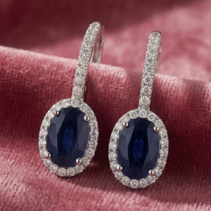 Boucles d'oreilles créoles halo en argent 925 plaqué rhodium avec saphir bleu et moissanite pour femme, bijoux de luxe pour mariage, certifiées 5 GM - Product Image 1