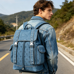 Zaino in Denim <span class=keywords><strong>Blu</strong></span> con Monogramma per Donne, Multitasche con Chiusura a Coulisse, Stile Vintage per Scuola e Attività all'Aperto - Product Image 4