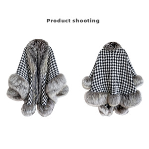 Manteau <span class=keywords><strong>de</strong></span> Cape en laine, en treillis, motif <span class=keywords><strong>pied</strong></span>-<span class=keywords><strong>de</strong></span>-<span class=keywords><strong>poule</strong></span>, <span class=keywords><strong>Poncho</strong></span> avec vraie fourrure <span class=keywords><strong>de</strong></span> renard, nouveauté mode hiver - Product Image 6