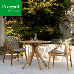 Thanh Lịch Ngoài Trời Gỗ Tếch Đồ Nội Thất Ăn Đặt Hiện Đại Bàn Tròn Và <span class=keywords><strong>Stackable</strong></span> Ghế Cho Khách Sạn Mục Biệt Thự - Product Image 1