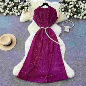 Vestido Midi Plisado Tipo Túnica Romana Tejida Sostenible de Verano 2025 para Mujer, Cintura Imperio, con Cuentas y Encaje, Transpirable - Product Image 2