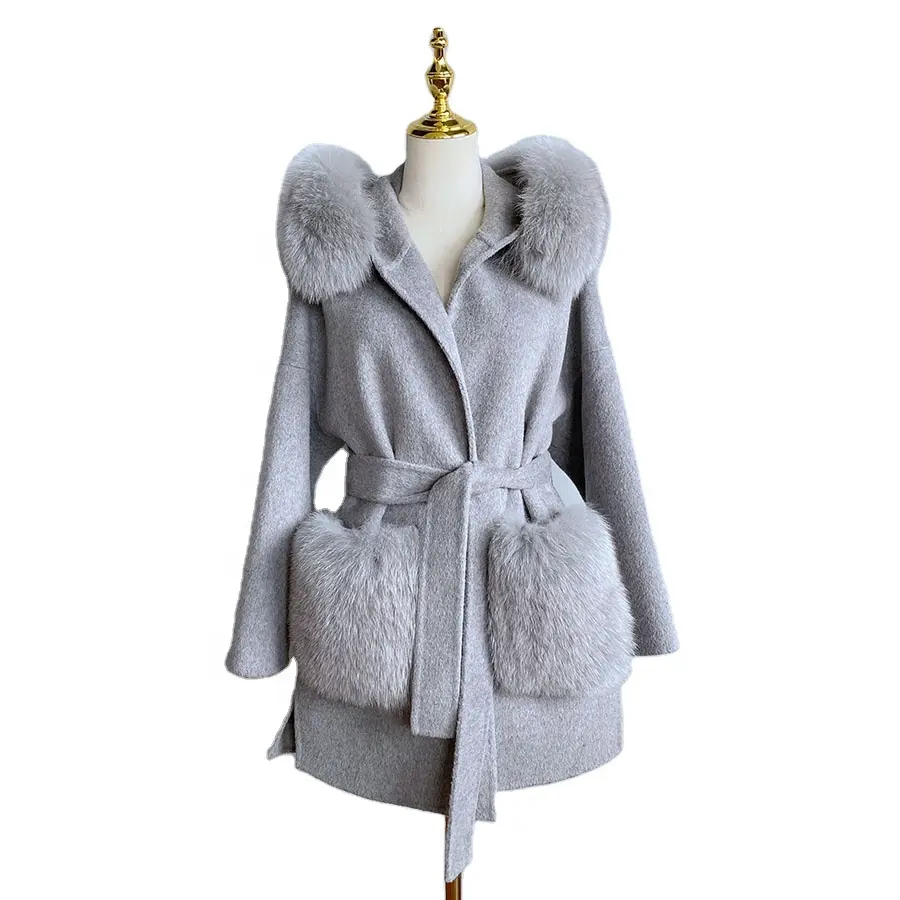 QIUCHEN- QC21004 Women Fox Fur Collar Fur Pockets Blend Wool Coat Black