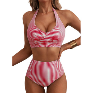 Nouveau Maillot de Bain Deux Pièces Femme 2026 à Taille Haute, Col Halter et Sac de Rangement Intégré, Motif Rayé - Product Image 5
