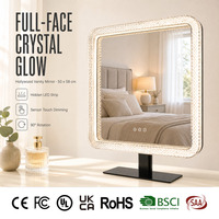 Miroir de maquillage carré en cristal avec éclairage, grand miroir lumineux à coins arrondis, 50 cm, 3 modes de couleur, variateur d'intensité, capteur tactile