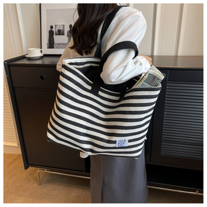 Borsa Tote da Donna Portatile in Tela di Cotone con Trasferimento Termico, Grande Capacità, Strisce, Chiusura a Cerniera, Media per Viaggi - Product Image 3