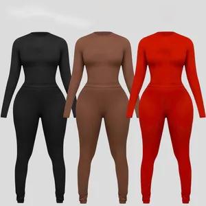 Custom Modest Women Cotton Ribbed T Shirt And Leggings Loungewear Women Thermal Sets Cozy Lounge Wear Women Two Piece Set