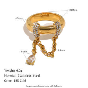 Anillo Colgante con Cadena y Lágrima de Circonita Cúbica, Chapado en Oro de 18K PVD, Hipoalergénico, de Acero Inoxidable, Anillo Decorativo para el Dedo - Product Image 2