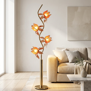 Elegante Lámpara de Pie con Forma de Flor de Loto, Poste Dorado Curvo, Lámpara de Pie Floral de 4 Luces para Interiores - Product Image 1