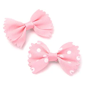 2 Pieces/sets Handcrafted Factory Wholesale Cute Printed Ribbon Bow With White Dot Lace Girl Kids Hairpin