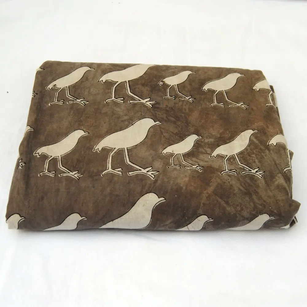 Handmade Bird Block Printed Cotton Dress Sewing Material Dark Brown Home Decorative Sewing Running Voile Fabric Wholesale