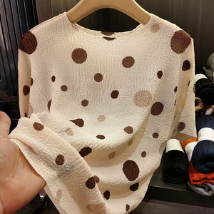 Top de manga corta holgado elegante de verano para <span class=keywords><strong>mujer</strong></span>, nuevo diseño, camiseta de <span class=keywords><strong>lunares</strong></span> con cuello de lazo 3D, camiseta bonita de talla grande - Product Image 4