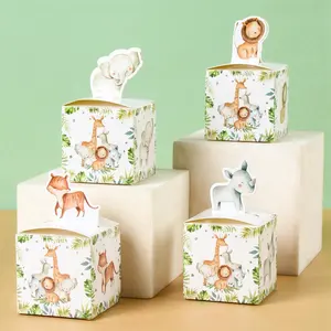 24pcs 휴대용 동물원 정글 동물 테마 생일 아기 샤워 장식 파티 호의 종이 포장 선물 상자 가방 쿠키 사탕 상자