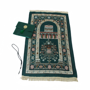 Juego de mantas de viaje islámicas tradicionales de chenilla lavables con diseño floral de la Kaaba, con tasbih y bolsa de imitación de seda - Product Image 1