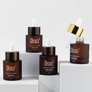 Garrafa conta-gotas de vidro com tubo de óleo essencial líquido marrom 30ml para serigrafia fosca com gola de alumínio e cabeça de borracha - Product Image 1