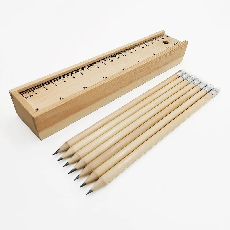 Hadiah Promosi pensil kayu alami 7.5 inci ukuran standar pensil hb sesuai pesanan kotak kayu bleistift