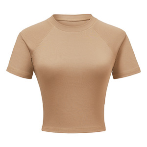 Crop top à manches raglan pour femme, coupe ajustée, tricoté, basique, uni - Product Image 1
