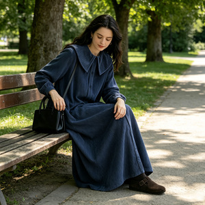 Robe Abaya d'été bleue unie à col Peter Pan, manches longues, coupe ample, couleur unie, robe décontractée musulmane pour le quotidien - Product Image 3