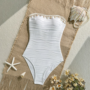 Maillot de bain une pièce sans bretelles, col halter, texturé, réversible, à carreaux, crocheté, pour les vacances à la plage, les sports nautiques pour femmes - Product Image 2