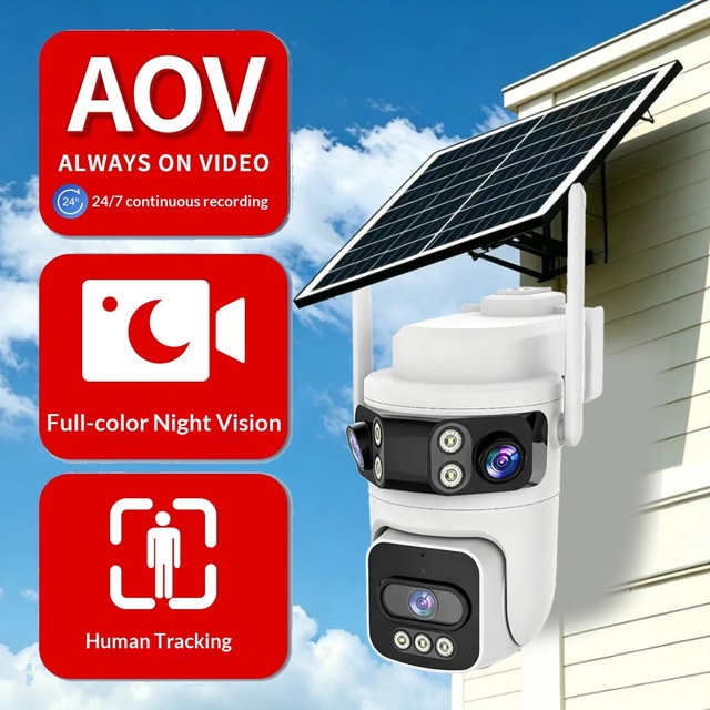 AOV Solar-Powered CMOS Surveillance Camera Triple-Lens IP66 Waterproof Home HD Panoramic V380 4G Infrared Night Vision App