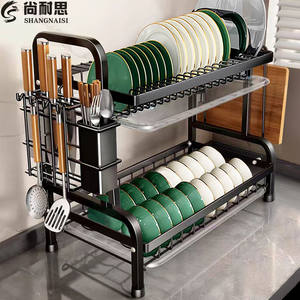 Égouttoir à vaisselle moderne 3 niveaux avec plateau, séchage rapide, organisateur de rangement carré pour couverts et assiettes - Product Image 2