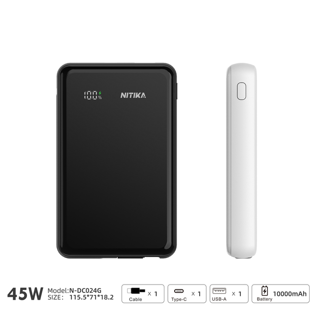 NITIKA 10000mAh 45W PD Semi-Solid State Power Bank, Multi-Port Fast Charging Portable Charger with Built-in Cable, PSE Certified