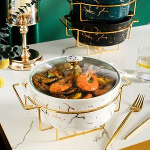 Olla de Sopa de Mármol Estilo Nórdico con Detalles Dorados, Olla Redonda Ovalada Rectangular para Fiestas, Vajilla con Bandeja para Velas - Product Image 3
